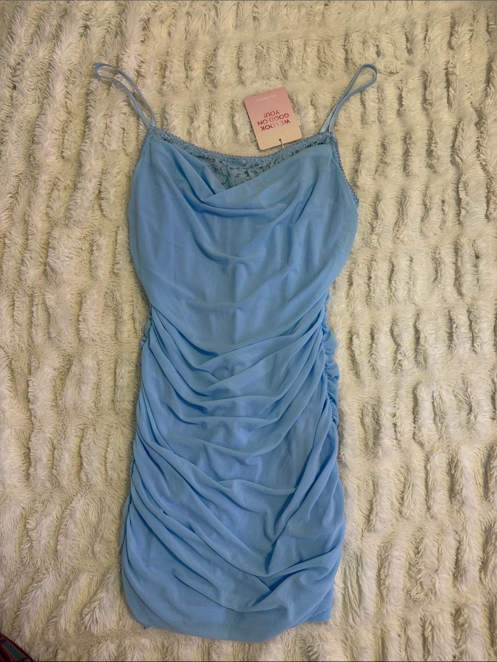 Hello Molly Light Blue Ruched Cowl Slip Mini Dress